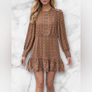 Just Me Boho Swiss Dot Crochet Lace Ruffled Hem Party Mini Dress Cognac Size M